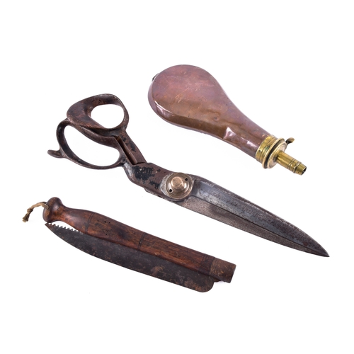 215 - A 19th century Sykes powder flask, a pair of tailor's shears by Thomas Wilkinson & Son Sheffield... 