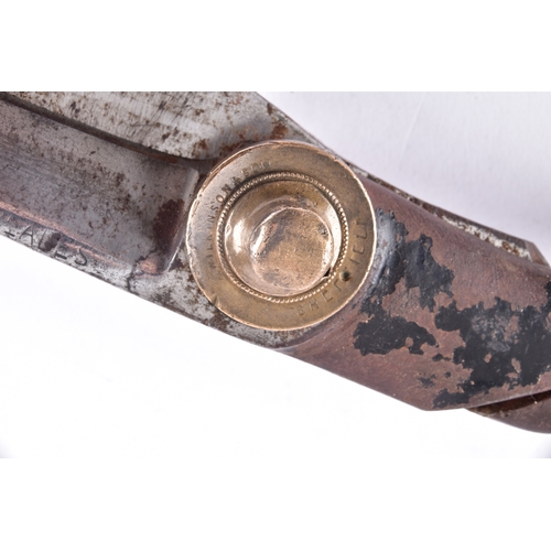 215 - A 19th century Sykes powder flask, a pair of tailor's shears by Thomas Wilkinson & Son Sheffield... 