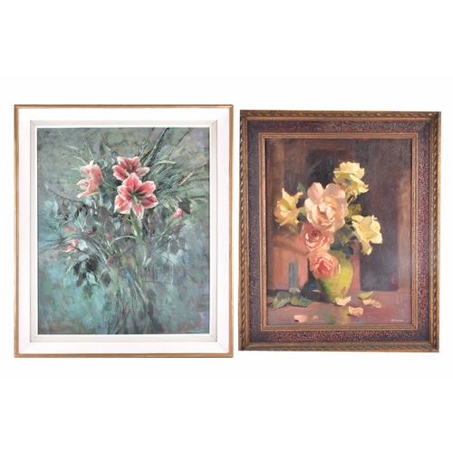 221 - Dorothy Adamson (British, 1894–1934)A still life of roses in a vase, oil on canvas, signed lower rig... 