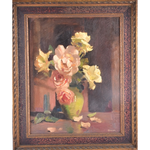 221 - Dorothy Adamson (British, 1894–1934)A still life of roses in a vase, oil on canvas, signed lower rig... 