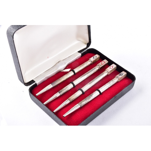 177 - A vintage collection of silver bridge pencils, featuring engine turned decoration to the barrels,mea... 