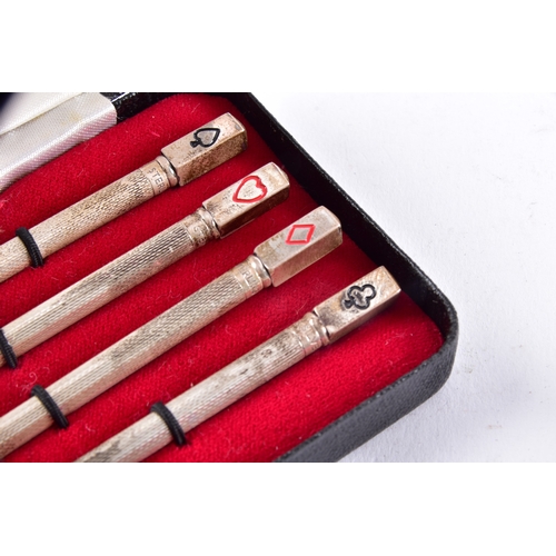 177 - A vintage collection of silver bridge pencils, featuring engine turned decoration to the barrels,mea... 