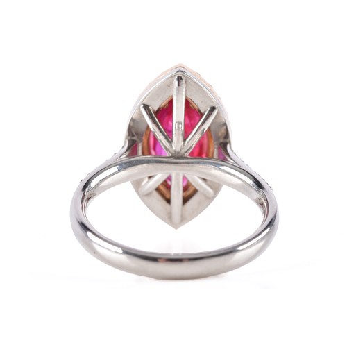 24 - A natural and unheated Mozambique ruby 18ct yellow gold and platinum marquise cluster ring, set to t... 
