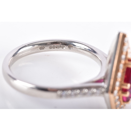 44 - A natural and unheated Siam ruby 18ct yellow gold and platinum kite design cluster ring, set to the ... 