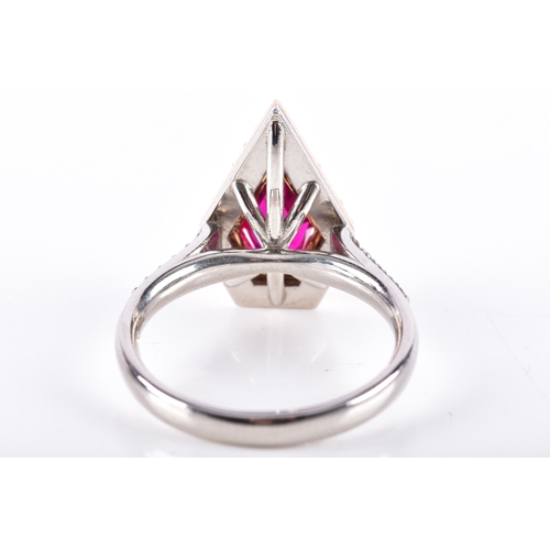 44 - A natural and unheated Siam ruby 18ct yellow gold and platinum kite design cluster ring, set to the ... 