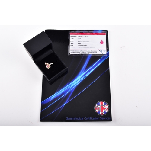 44 - A natural and unheated Siam ruby 18ct yellow gold and platinum kite design cluster ring, set to the ... 