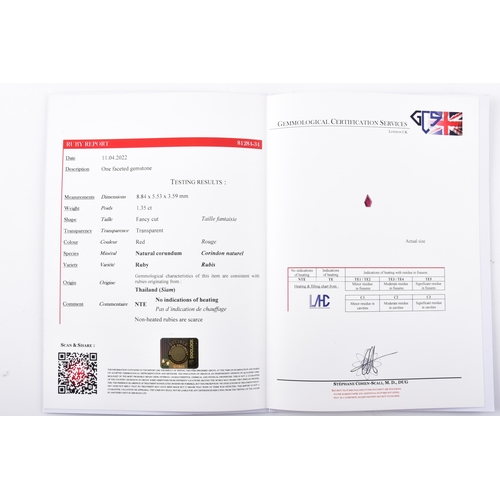 44 - A natural and unheated Siam ruby 18ct yellow gold and platinum kite design cluster ring, set to the ... 