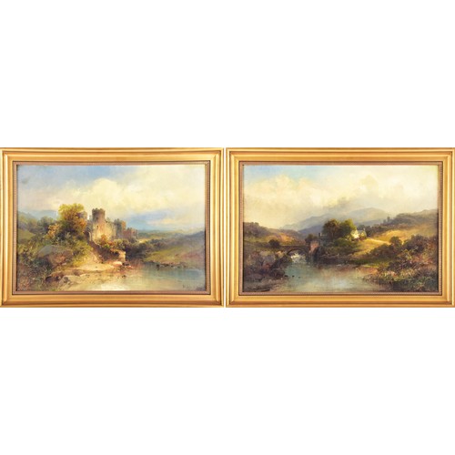 223 - Max Sinclair (British, act. 1890-1910)A pair of oil paintings, each depicting romanticised river lan... 