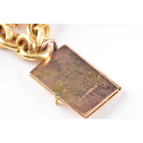 27 - An 18ct yellow gold charm bracelet, with alternating smooth and textured links, suspended with nine ... 