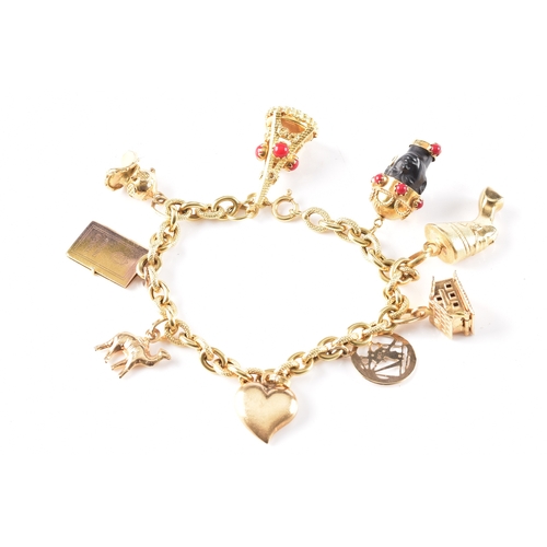 27 - An 18ct yellow gold charm bracelet, with alternating smooth and textured links, suspended with nine ... 