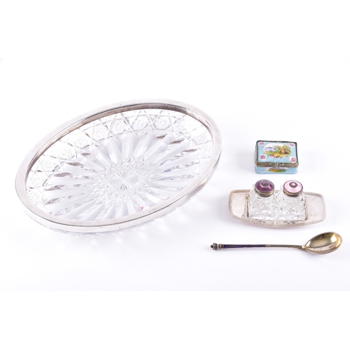 186 - A David Anderson cruet set, the bottle tops decorated with silver and engine turned pink and purple ... 