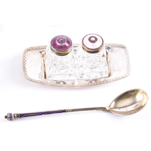 186 - A David Anderson cruet set, the bottle tops decorated with silver and engine turned pink and purple ... 