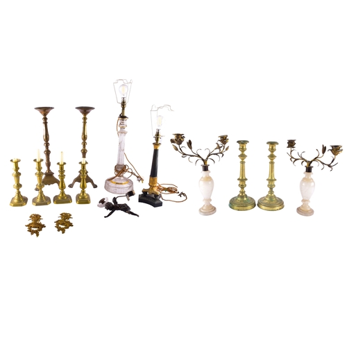 342 - A collection of decorative arts including a pair of large brass altar candlesticks, with turned stem... 