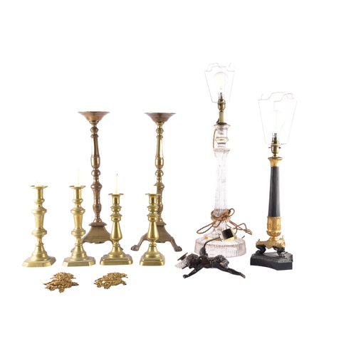 342 - A collection of decorative arts including a pair of large brass altar candlesticks, with turned stem... 