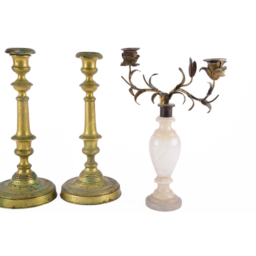 342 - A collection of decorative arts including a pair of large brass altar candlesticks, with turned stem... 