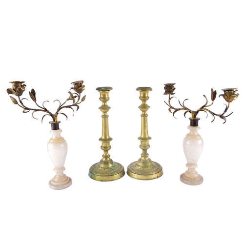 342 - A collection of decorative arts including a pair of large brass altar candlesticks, with turned stem... 
