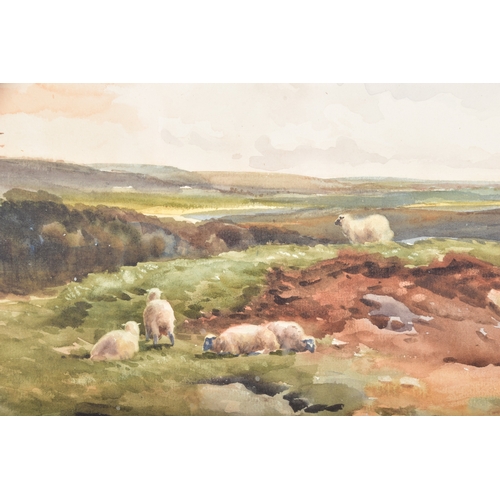 225 - Wycliffe Egginton (British, 1875-1951)A landscape of sheep grazing on open moorland beneath a wide, ... 