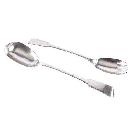 195 - William IV Silver salad servers, the fork hallmarked for Exeter 1835 by Henry M Norris, 30 cm long t... 