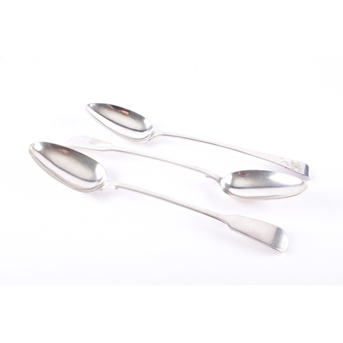 196 - Three silver serving spoons, including a pair of George IV serving spoons hallmarked for London 1824... 