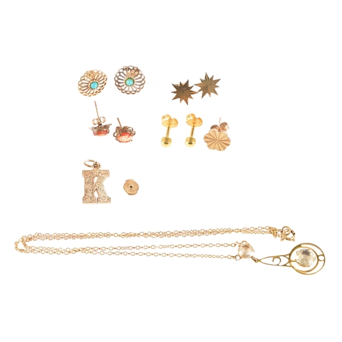 76 - A collection of gold earrings, including a pair of 9ct yellow gold turquoise set openwork floral stu... 
