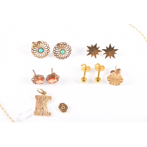 76 - A collection of gold earrings, including a pair of 9ct yellow gold turquoise set openwork floral stu... 