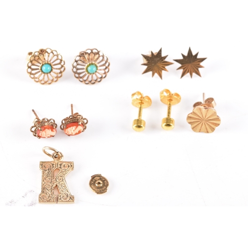 76 - A collection of gold earrings, including a pair of 9ct yellow gold turquoise set openwork floral stu... 