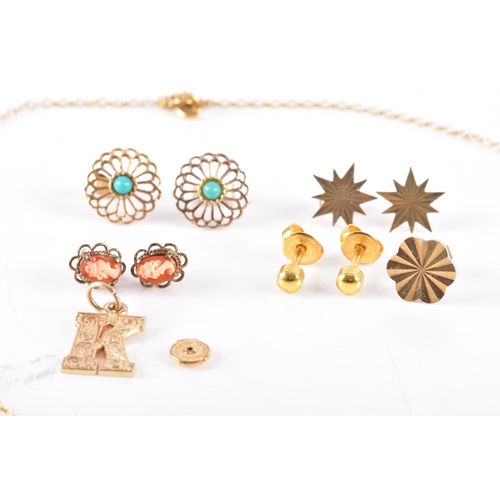 76 - A collection of gold earrings, including a pair of 9ct yellow gold turquoise set openwork floral stu... 