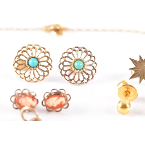 76 - A collection of gold earrings, including a pair of 9ct yellow gold turquoise set openwork floral stu... 