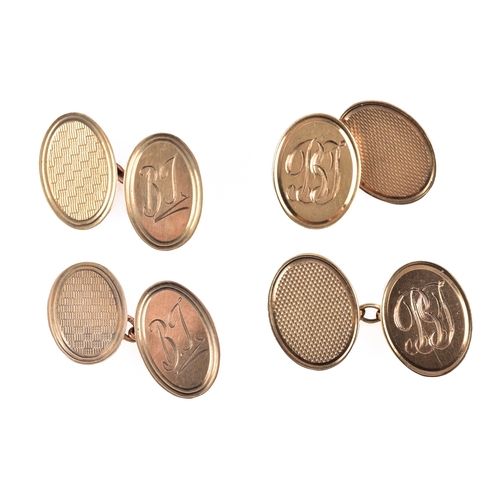 79 - Two Pairs of 9ct gold oval cufflinks, both initialled 'RJ', one pair hallmarked for London 1988, the... 
