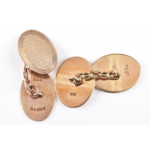 79 - Two Pairs of 9ct gold oval cufflinks, both initialled 'RJ', one pair hallmarked for London 1988, the... 