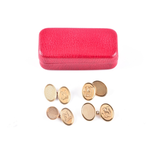79 - Two Pairs of 9ct gold oval cufflinks, both initialled 'RJ', one pair hallmarked for London 1988, the... 