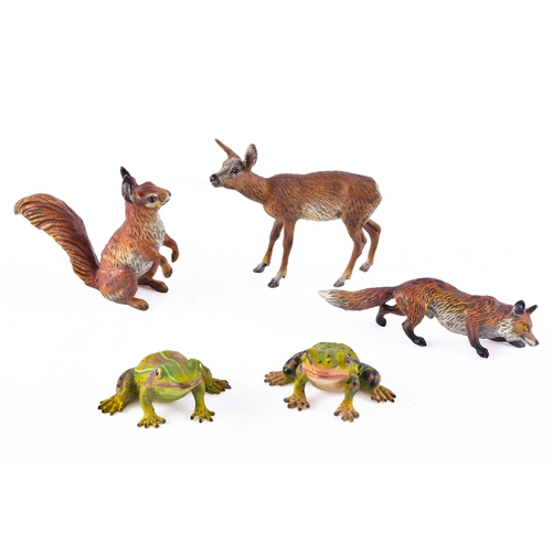 344 - A collection of Mappin & Webb bronze animals, including a pair of bronze frogs, together with a ... 