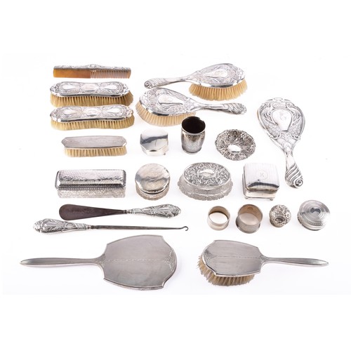 208 - A gold pearl and diamond pin, collection of assorted silver dressing table items including one set c... 