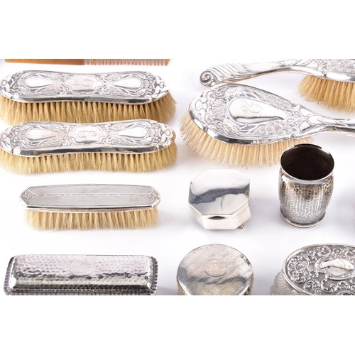 208 - A gold pearl and diamond pin, collection of assorted silver dressing table items including one set c... 