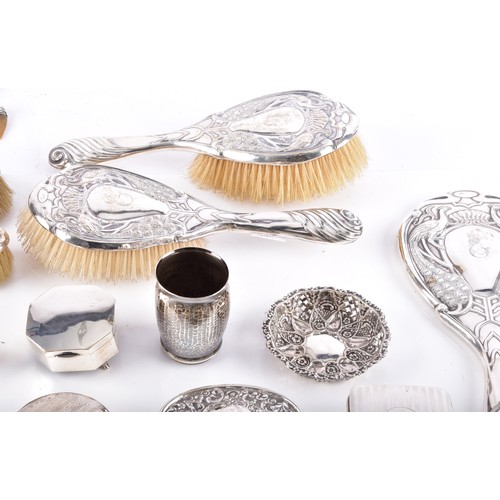 208 - A gold pearl and diamond pin, collection of assorted silver dressing table items including one set c... 