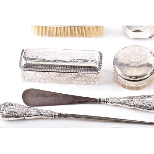 208 - A gold pearl and diamond pin, collection of assorted silver dressing table items including one set c... 