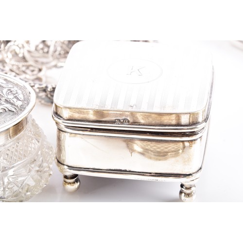208 - A gold pearl and diamond pin, collection of assorted silver dressing table items including one set c... 