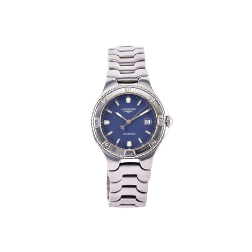 121 - A Longines Conquest S100, quartz stainless steel wristwatch, the blue dial having baton markers and ... 