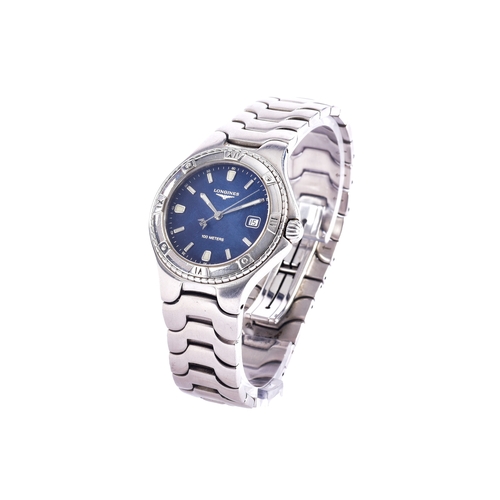 121 - A Longines Conquest S100, quartz stainless steel wristwatch, the blue dial having baton markers and ... 