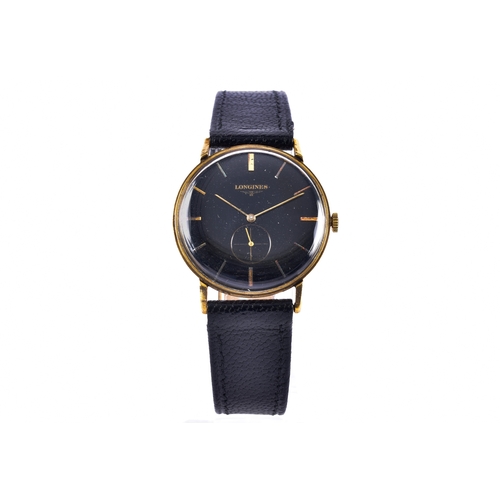 125 - A Longines 9ct yellow gold wristwatch, the black dial with gilt baton hour markers and subsidiary se... 