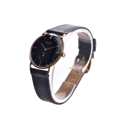 125 - A Longines 9ct yellow gold wristwatch, the black dial with gilt baton hour markers and subsidiary se... 
