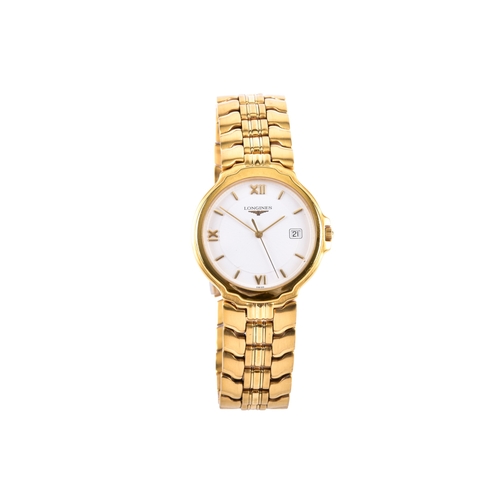 126 - A Longines gold plated quartz wristwatch, the circular white dial with Roman numerals and baton hour... 