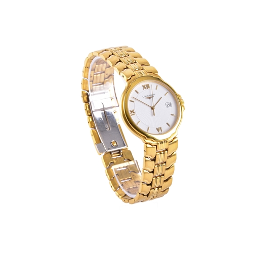 126 - A Longines gold plated quartz wristwatch, the circular white dial with Roman numerals and baton hour... 