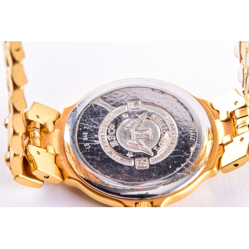 126 - A Longines gold plated quartz wristwatch, the circular white dial with Roman numerals and baton hour... 