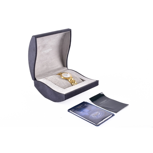 126 - A Longines gold plated quartz wristwatch, the circular white dial with Roman numerals and baton hour... 