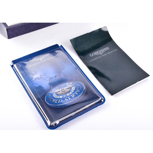 126 - A Longines gold plated quartz wristwatch, the circular white dial with Roman numerals and baton hour... 