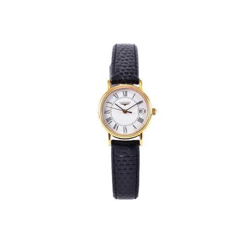127 - A gold plated ladies L4.1362 Longines watch, the white dial with roman Numeral indices, date apertur... 
