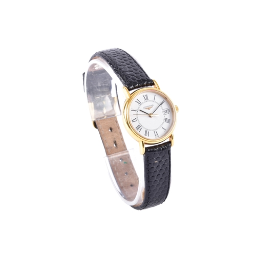 127 - A gold plated ladies L4.1362 Longines watch, the white dial with roman Numeral indices, date apertur... 