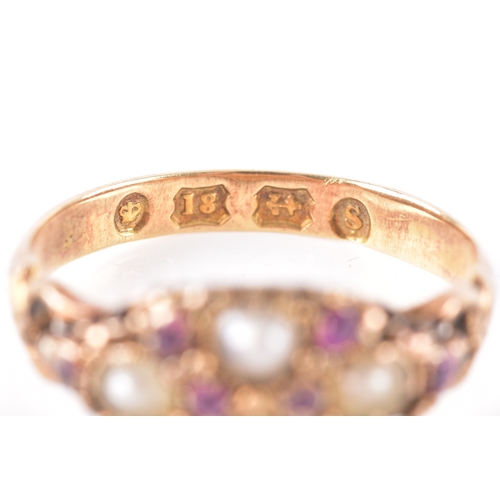 9 - An 18ct yellow gold split pearl and ruby cluster ring, hallmarked for Birmingham 1867, size K.