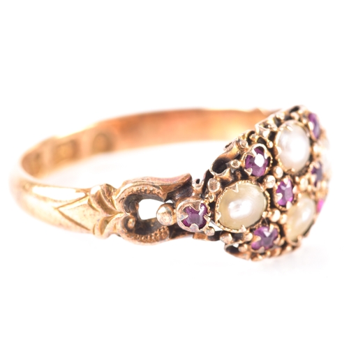 9 - An 18ct yellow gold split pearl and ruby cluster ring, hallmarked for Birmingham 1867, size K.